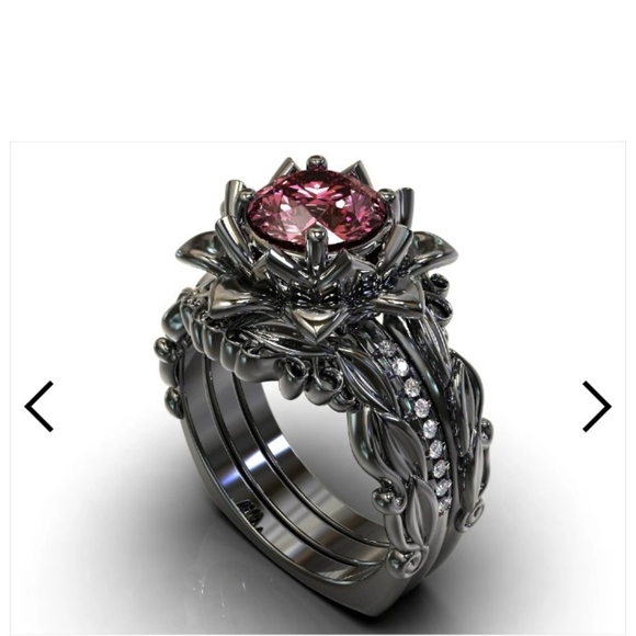 Black Gold Pink Moissanite Flower Wedding Ring Set - Picture 1 of 6